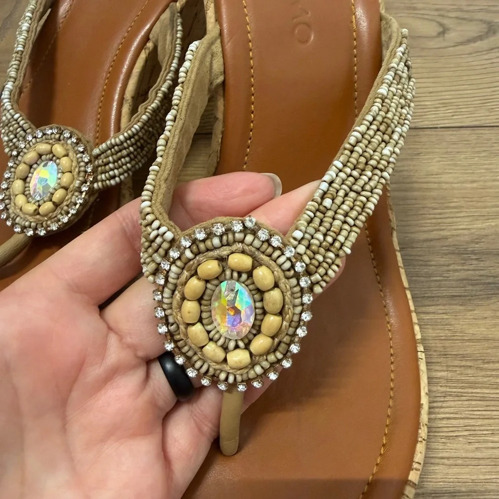 Skemo Beaded Cork Wedge Thong Sandals Boho Rhinestone‎ Flip Flops Womens 9